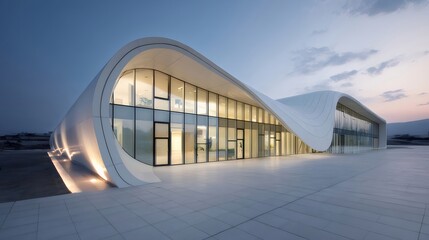Aufkleber - 夜のモダン建築 白い曲線を描く未来的なデザイン 空と光が織りなす都市景観