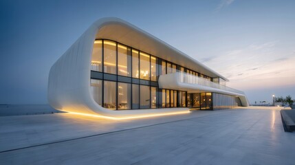 Aufkleber - 洗練された現代的な建築デザイン 白い曲線を描いた住宅 鮮やかな青い夕焼け空 屋外照明
