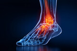 Digital rendering of human ankle joint with highlighted inflammation, showcasing medical illustration concept for pain, injury, or arthritis information