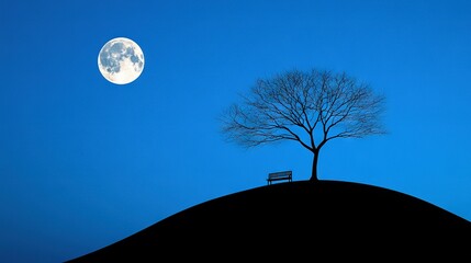 Wall Mural - a bench beneath a tree, perched atop a hill, bathed in blue sky and illuminated by a full moon