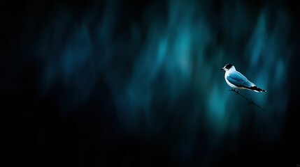 Wall Mural - a bird perched on a tree limb against a backdrop of azure and emerald, with a hazy sky in the distan