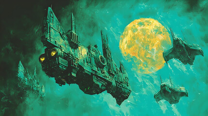 Wall Mural - spaceships orbiting a yellow gas giant, deep space exploration, science fiction illustration, perfec