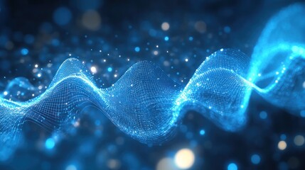 Wall Mural - Abstract blue wave of data flowing with sparkly light particles in a modern design, suitable for tech use