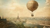 Vintage Parisian hot air balloon cityscape