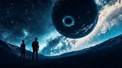 Wall Mural - two figures gaze at a massive, dark planet with a glowing core in a desolate, alien landscape; scien