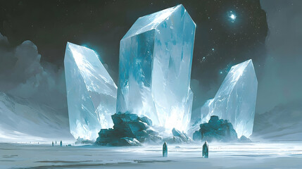 Wall Mural - mysterious glowing ice crystals on an alien planet, under a starry night sky, with figures observing