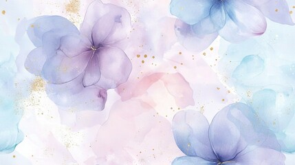 Wall Mural -   Watercolor painting of purple and blue flowers on pink and blue background with golden glints and specks
