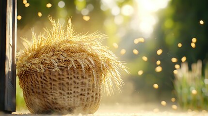 Wall Mural -   A wicker basket filled with lush foliage, surrounded by buzzing bees