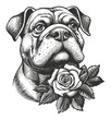 © PRI - Detailed Hand-Drawn Engraving of a Dog with a Rose Illustration