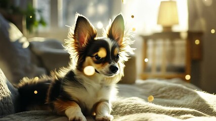 Wall Mural - A small chihuahua with long fur sits on a soft blanket in a warmly lit room. Light particles float in the air, adding a calm ambiance to the setting.