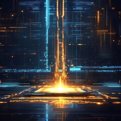 Wall Mural - Digital glowing data streams transfer information inside computer, futuristic abstract background, illustration