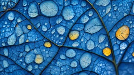 Stunning Blue Leaf Macro Photography Abstract Nature Background Detailed Texture Intricate Veins Water Droplets Yellow Highlights Botanical Closeup Vibrant Color Palette 