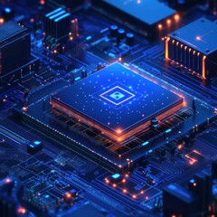 Wall Mural - Modern microchip close-up, inside a computer, with data flowing, used in technology