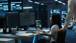 © DC Studio - Person with paraplegia helped by coworker in data center to arrive at desk, coding on PC. Woman in wheelchair doing maintenance on server room infrastructure rackmounts, camera A