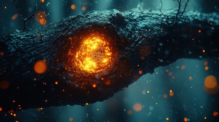 Wall Mural - glowing orb in tree branch with blurry bokeh background