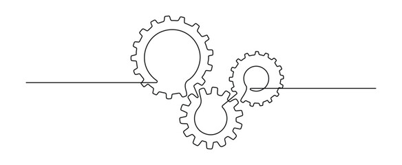 Poster - Gears wheels in one continuous line drawing. Three cogwheels in simple linear style. Symbol of teamwork and development in editable stroke. Minimalistic vector illustration