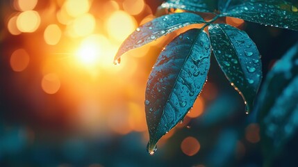 Wall Mural - Leaf with water droplets, bokeh light shining through