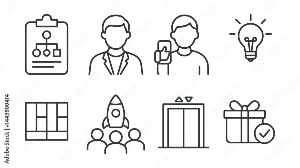 Line vector icons of entrepreneurship: business plan, founder icon ...