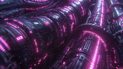 Wall Mural - metallic pipes with pink lights close up view