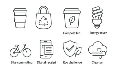 line vector icons of sustainability habits: reusable cup, zero waste bag, compost bin, energy saver,