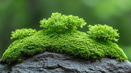 Wall Mural - Mossy stone with small green plants on top, soft bokeh