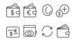 © Tanya - Line vector icons of currency wallet: USD wallet, EUR wallet, JPY wallet, add currency, currency toggle, view balance, convert icon, wallet overview.