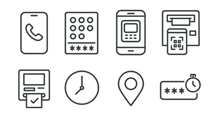 line vector icons of cardless atm: phone icon, code entry, mobile access, atm scan, withdrawal appro