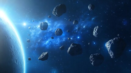 Stunning asteroid field near a distant planet space scene dramatic cosmic background sky art dark