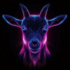 Fototapete - 黒背景にネオンカラーで描かれたヤギの肖像画 未来的なデザインの光る動物イラスト