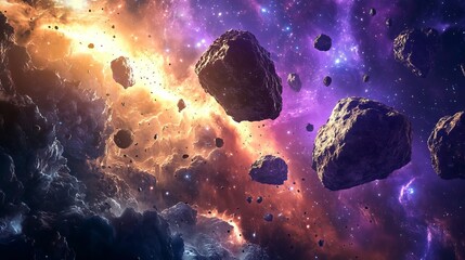 dramatic space scene with asteroids and nebula colorful cosmic background image with asteroids and