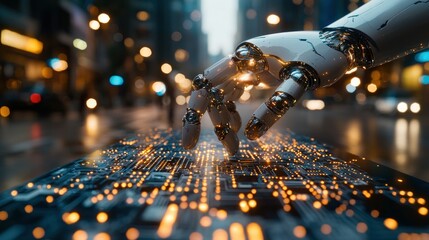 Wall Mural - robot hand manipulating a glowing circuit board