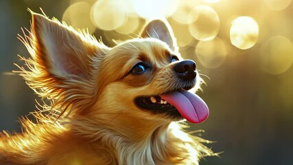 Wall Mural - A small dog with long fur and a pink tongue sticking out looks up with a happy expression. Sunlight glows in the background, creating a warm, cheerful scene.
