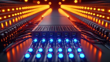Wall Mural - server cables glow with data transmission along pathways