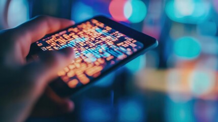 Mobile device displaying code at night