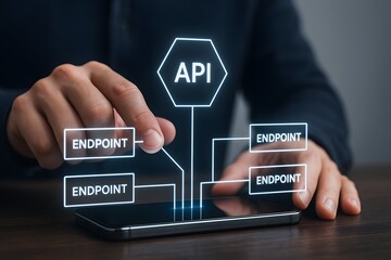 a hand touches a glowing “api” node connected to multiple “endpoint” branches on a tablet screen. co