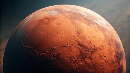 Wall Mural - a close-up view of the planet mars against the dark expanse of space, showcasing its rusty red surfa