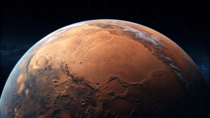 Wall Mural - a close-up view of the planet mars against the dark expanse of space, focusing on its rusty red surf