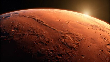 Wall Mural - a close-up view of the planet mars against the dark expanse of space, showcasing its rusty red surfa