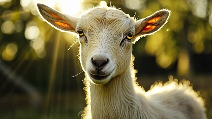 Wall Mural - A young goat is captured in a sunlit setting, with sunlight streaming through its ears. The background consists of blurred greens, suggesting a natural or pastoral environment.