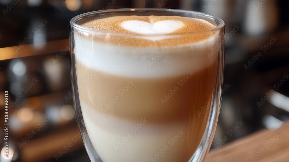 Cappuccino in clear glass with heart-shaped foam, blurred background of a bustling cafe generative ai
