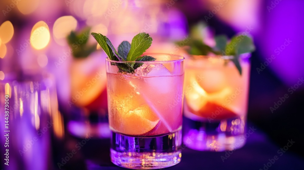 Chilled peach beverages with mint in clear glassware, elegant and vibrant purple tone generative ai