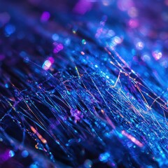 Wall Mural - Abstract blue fiber optic network glows with bokeh lights at close range, modern technology, and science