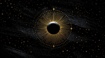 Wall Mural - sun and stars graphic in circle on black background