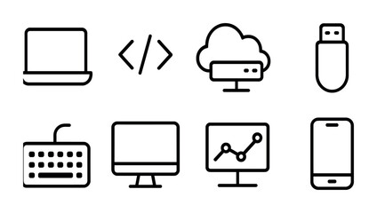 Technology icons set featuring laptop, cloud server, usb drive, and more for digital design and development