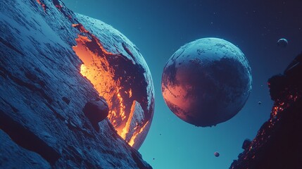 a background wallpaper depicting two planets colliding, with earth showing cracks and an orange glow