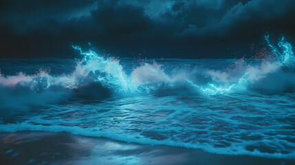 Wall Mural - a stormy ocean with bioluminescent waves crashing against a dark shore, glowing in an ethereal and i