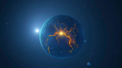 Wall Mural - A blue planet with orange cracks, a space background with planets and stars, a dark blue atmosphere, a blue sky, a white light in the center of an exploding Earth, a dark planet, a galaxy background, 