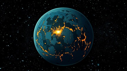 Wall Mural - A blue planet with orange cracks, a space background with planets and stars, a dark blue atmosphere, a blue sky, a white light in the center of an exploding Earth, a dark planet, a galaxy background, 