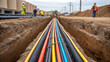 © newlifestock - Construction site housing development with underground utility pipes and workers installing cables for infrastructure