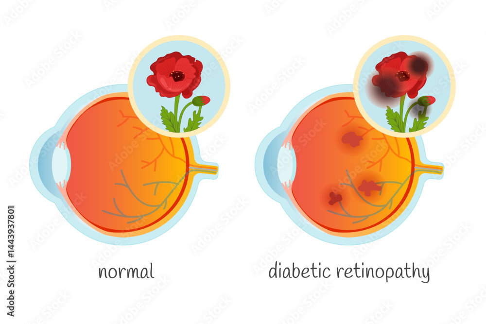 Vector medical poster normal eye and eye with diabetic retinopathy ...